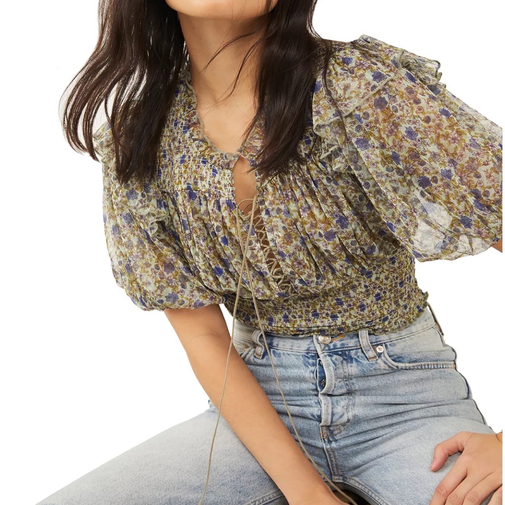 Free People Beatrice Floral-Print Smocked Top - like new!